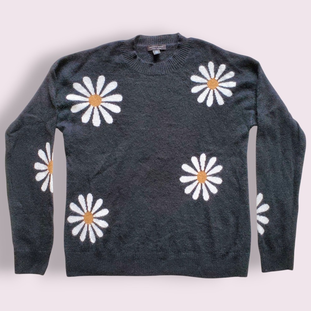 Saks Fifth Avenue Cashmere Daisy Sweater Womens‎ Size L Large Black Floral